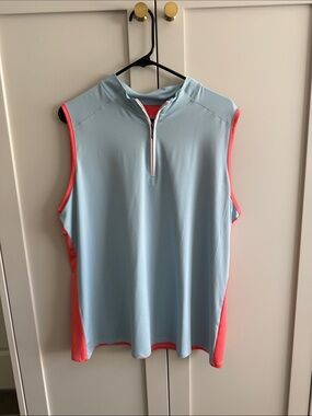 Sleeveless Light Blue Golf Tank Top with Coral Trim - Women's